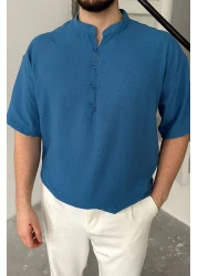 Livio Ferri قميص Soro رجالي كبير الحجم ذو مظهر كتان وأكمام قصيرة وياقة نصف فتحة