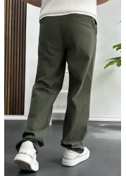 Edwox Men's Green Pattern Linen Trousers Comfortable