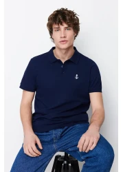  Collection Navy Blue Regular/Normal Cut 100% Cotton Embroidered Polo Neck T-Shirt Tmnss23Po00031