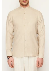  Collection قميص ذو مظهر كتان مريح ذو طية صدر السترة بقصة ضيقة TMNSS24GO00031