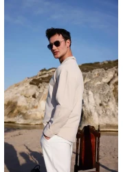 Pobudo Men's Beige Color Knitted Ottoman Fabric Long Sleeve Shirt