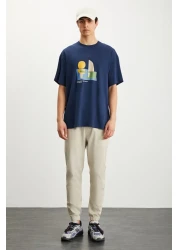 GRIMELANGE تي شيرت RAMADANP007 رجالي 100% قطن برقبة دائرية مطبوع باللون الأزرق الداكن