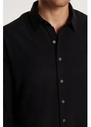 Tudors Oversize Seasonal Linen Textured Loose Fit Long Sleeve Comfortable Men's Black Shirt