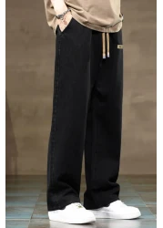 THE RULE بنطال جينز رجالي أسود فضفاض بخصر مطاطي من الليكرا وساق مستقيمة فضفاضة مناسبة من قماش الدنيم RF0480