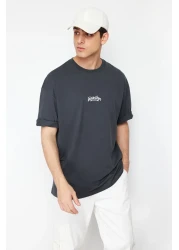  Collection Anthracite Fluffy Text Printed Oversize Cotton T-Shirt - TMNSS24TS00160