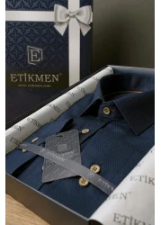 Etikmen قميص رجالي - أزرق داكن، Slimfit، أزرار بنية، صندوق هدايا