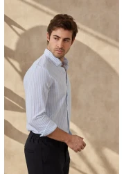 RAVANELLI Men's Striped Cotton Linen Modern Slim Fit Shirt