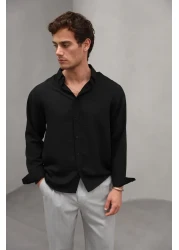 Bürke Summer Linen Textured Long Sleeve Black Men's Shirt