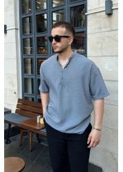 Livio Ferri Soro Men's Oversize Linen Look Short Sleeve Court Collar Half Placket Shirt