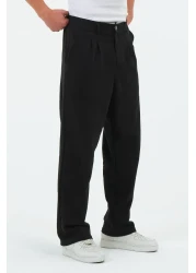 RELAXL بنطلون أسود فضفاض من القماش Şile مصنوع من القطن بنسبة 100% وواسع الساق ومطوي