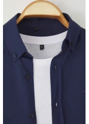  Collection Navy Blue Regular Embroidered Easy-Iron Smart Oxford Shirt Tmnaw24Go00089