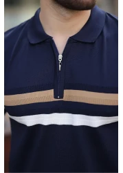 Madmext Navy Blue Zippered Polo Neck Knitwear Men's T-Shirt E7299