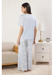  Collection Blue 100% Cotton Floral Button Knitted Pajamas Set Thmss25Pt00179