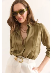 Olalook قميص نسائي كاكي مخطط هندسي مزين بتفاصيل GML-19001335