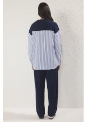  Modest Navy Blue Striped Woven Fabric Detailed Knitted Bottom-Top Set Tctss25Us00042
