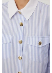  Collection قميص أزرق مخطط بأزرار معدنية - تصميم الياقة والأكمام، مقاس عادي TWOAW25GO00023