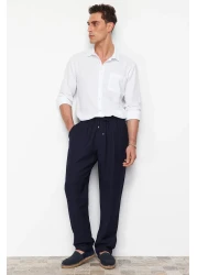  Collection Navy Blue Linen Look Elastic Waist Tied Trousers - Tmnss20Pl0547