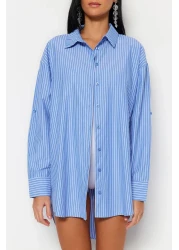  Collection Blue Striped Woven Beach Shirt Tbess22Go0664