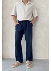 HYMAN Men's Elastic Waist Baggy Fit Linen Trousers
