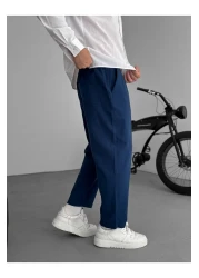 BYBASICMAN بنطلون كتان فضفاض باللون الأزرق الداكن JJ-181