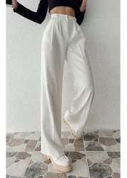 VOVSTYLE بنطلون بالازو أبيض واسع الساق عالي الخصر للنساء