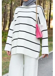 Tesettür Dünyası بدلة تريكو مخططة Tsd220905 أبيض