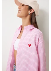 Happiness İstanbul Pink and White Embroidered Heart Striped Oversize Women's Shirt - DX00016