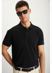GRIMELANGE Tarnex Men's 100% Cotton Short Sleeve Regular Fit Black Polo Neck T-Shirt