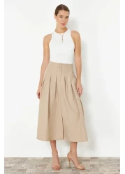  Collection Beige Midi Skirt - Pleat Detailed and Buttoned Front, Woven TWOSS24ET00169