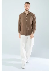 YXC Trend Maker Seasonal Linen Textured Long Sleeve Oversize Men's Shirt (Product Is Wide Fit) Dark Brown