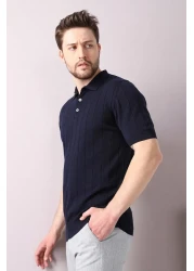 Ferraro تي شيرت رجالي منسوج من القطن بنسبة 100% بياقة بولو باللون الأزرق الداكن