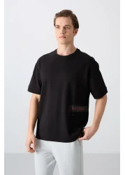 Tommy Life تي شيرت رجالي من القطن الأسود السميك الناعم المطبوع مقاس كبير - 88322