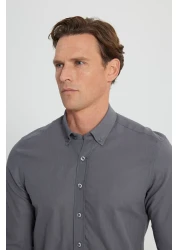 AC&Co / Altınyıldız Classics Men's Anthracite 100% Cotton Oxford Slim Fit Buttoned Collar Flamed Shirt