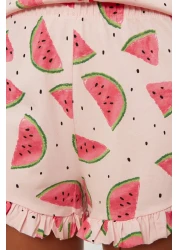  Collection Watermelon Print Pink Cotton Ruffled Shorts Pajamas Set - Thmss21Pt0670