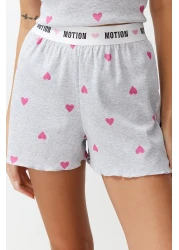  Collection Heart-Printed Grey Melange Slogan Pajama Shorts Set - THMSS24PT00220