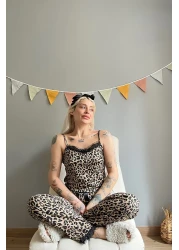 Pijamaevi Brown Leopard Printed Lace String Strap Knitted Women's Pajama Set