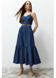  Collection تنورة طويلة من القطن النيلي - منسوجة واسعة، TWOSS24ET00059