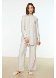  Modest Cream Half Hidden Placket Shoulder Detailed Tunic-Pants Woven Set TCTSS22US0098