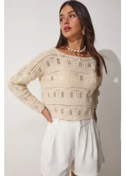 Happiness İstanbul بلوزة تريكو صيفية مخرمة برقبة قارب كريمية للسيدات NF00057