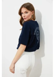  Collection Navy Blue 100% Cotton Back Embroidered Relaxed/Wide Relaxed Cut Crew Neck Knitted T-Shirt TWOSS20TS0121