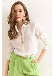 Olalook Women's Ecru Transparent Striped Regular Fit Draped Shirt Gml-19001334