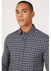 AC&Co / Altınyıldız Classics Men's Navy Blue Slim Fit Slim Fit Hidden Button Collar Checkered Thick Tufted Winter Shirt