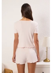  Collection طقم بيجامة محبوكة من الدانتيل الوردي والورد مع شورت مضلع IHLI