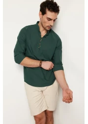  Collection Dark Green Slim Fit Half Placket Prevailing Collar 100% Cotton Shirt TMNSS20GO0097