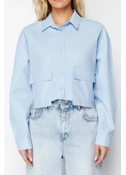  Collection قميص قصير منسوج باللون الأزرق - تفاصيل الجيب، مقاس عادي TWOSS24GO00098