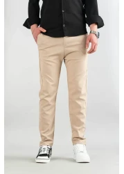 bombe Men's Beige Flexible Lycra Ankle Length Casual Comfortable Side Pocket Fabric Trousers