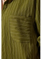 Happiness İstanbul قميص فيسكوز نسائي مخطط بالكاكي مع جيوب DE00030