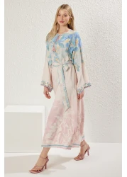  Modest Powder Linen Look Spanish Sleeves Belted Print Woven Dress Tctss25Eb00033