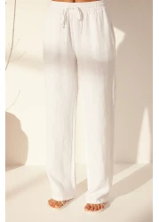  Collection White 100% Linen Elastic Waist High Waist Wide Leg Trousers TWOSS24JE00249