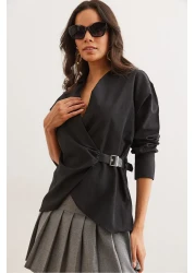 Olalook Women's Black Shirt Collar Belt Detail Shirt Gml- 19001277